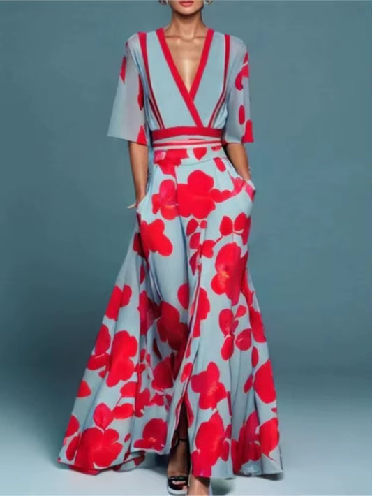 Vibe Curve: Deep V-Neck Belted Print Dress