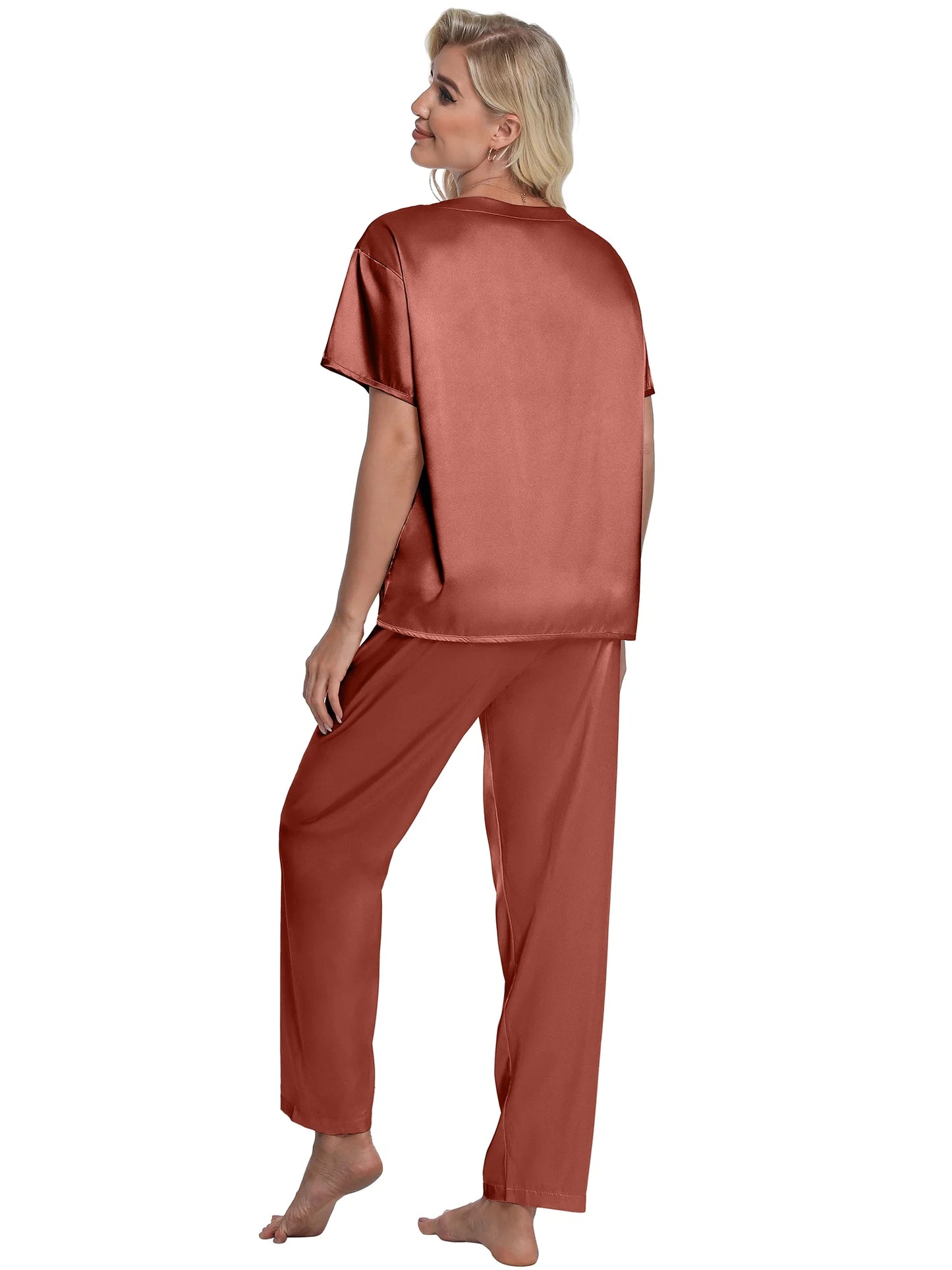 Womens Silk Satin Pajama Set Short Sleeve Shirt with Long Pajamas Pant Set Two-Piece Pj Sets Soft Sleepwear Loungewear Nightwear Pjs S-XL, Caramel, XXL