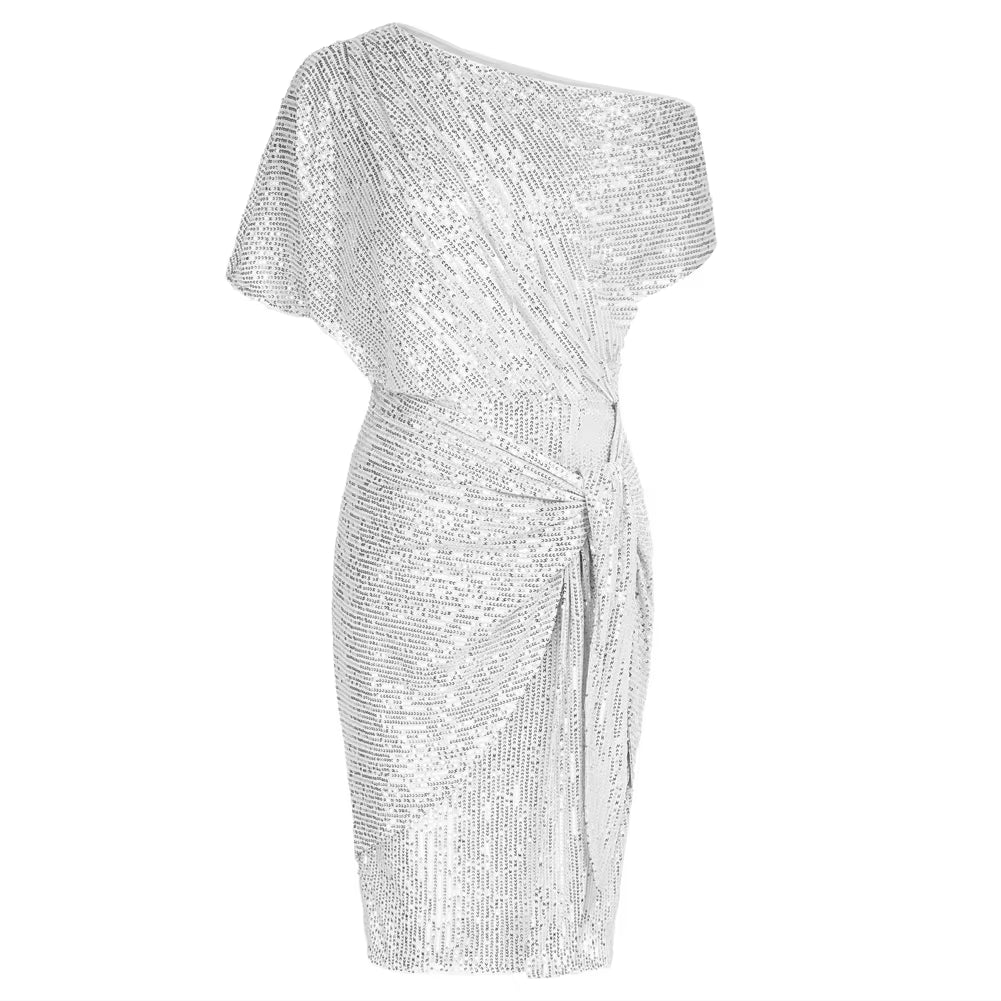 Cocktail Dresses for Women Sequined Party Dress Summer Ruched Short Sleeve Asymmetric off Shoulder Bodycon Dress Vestidos